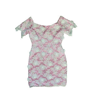Vintage Pink & White Dress Womens L/XL* Floral Appliques & Sequins Party Dress